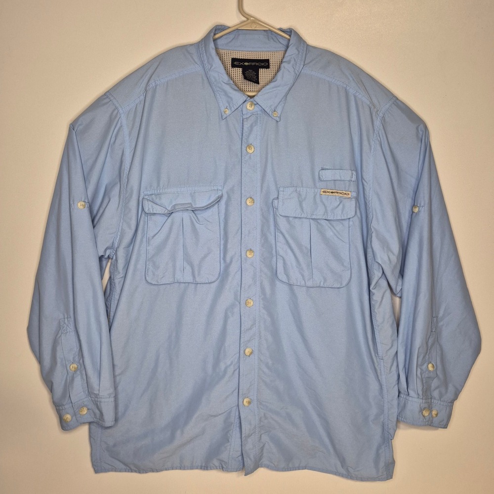 ExOfficio Fishing Shirt Mens XXL Light Blue Long Sleeve Nylon Vented Lightweight - Picture 2 of 10